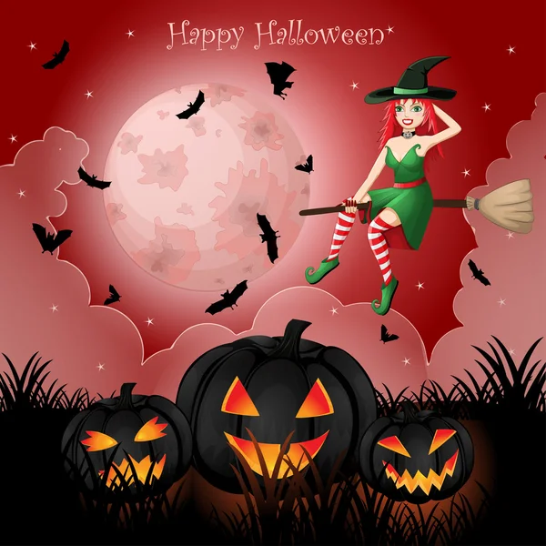 Tarjeta de felicitación de Halloween con bruja — Vector de stock