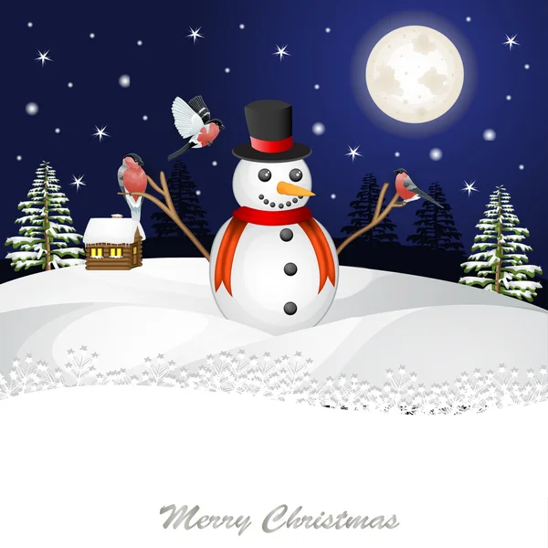 Tarjeta de Navidad brillante. muñeco de nieve alegre — Vector de stock