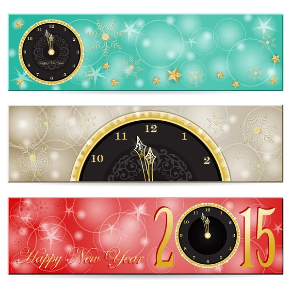 新年あけましておめでとうございます-金の時計と星 — ストックベクタ