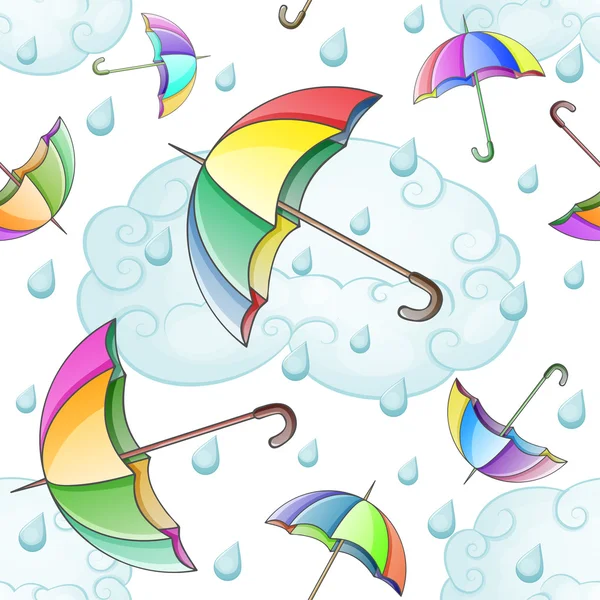 Mångfärgad paraply mönster med moln och regn — Stock vektor