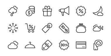 Black Friday Icon Set 'te indirim paketleri, promosyonlar, alışveriş arabaları, büyük indirimler, alışveriş arabaları ve daha fazlası var. Düzenlenebilir vuruş, vektör simgeleri.