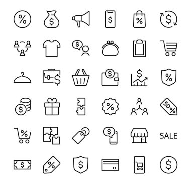 İş vektör çizgisi simgeleri. Kullanıcı sembolleri, dolar piktogramları, vitesler, evrak çantası, bulmacalar, zarf, yüzde, mesajlar, program ve daha fazlasını içeriyor. Düzenlenebilir Çubuk 480x480 piksel.