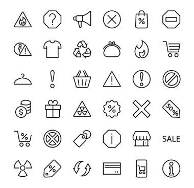 UYARI basit çizgi vektör simgeleri kümesi. Uyarı, ünlem işareti, yeniden kullanma, uyarı işareti ve daha fazlası gibi simgeler içerir. Düzenlenebilir felç. Vektör illüstrasyonu