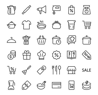 Mutfak ve yemek pişirme ikonları, vektör çizgileri, bıçak, tencere, kaynama zamanı, mikser, tartı, yemek tarifi kitabı gibi ikonlar içerir. Düzenlenebilir vuruş, mükemmel 480x480 piksel, beyaz arkaplan