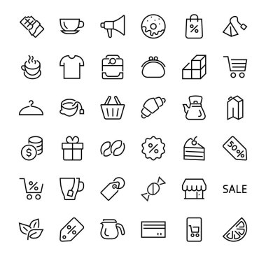 Kahve ve Çay Leni ICONS SET, çay, çay poşeti, kahve makinesi, kek, şeker, çaydanlık, bardak, süt, krema, limon, çikolata, LINEAR ICONS Düzenleyici vuruş ikonları içerir