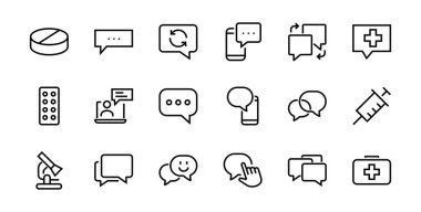 Mesaj çizgisi vektör çizgisi simgelerinin basit bir kümesi. Sohbet, SMS, bildirimler, grup sohbeti ve daha fazlası gibi simgeler içerir. Düzenlenebilir felç. 48x48 piksel mükemmel, beyaz arkaplan.