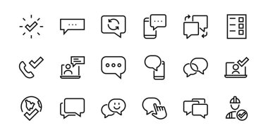 Mesaj çizgisi vektör çizgisi simgelerinin basit bir kümesi. Sohbet, SMS, bildirimler, grup sohbeti ve daha fazlası gibi simgeler içerir. Düzenlenebilir felç. 48x48 piksel mükemmel, beyaz arkaplan.