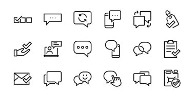 Mesaj çizgisi vektör çizgisi simgelerinin basit bir kümesi. Sohbet, SMS, bildirimler, grup sohbeti ve daha fazlası gibi simgeler içerir. Düzenlenebilir felç. 48x48 piksel mükemmel, beyaz arkaplan.