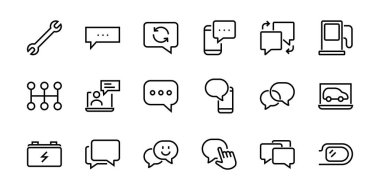 Mesaj çizgisi vektör çizgisi simgelerinin basit bir kümesi. Sohbet, SMS, bildirimler, grup sohbeti ve daha fazlası gibi simgeler içerir. Düzenlenebilir felç. 48x48 piksel mükemmel, beyaz arkaplan.