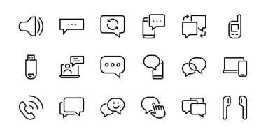 Mesaj çizgisi vektör çizgisi simgelerinin basit bir kümesi. Sohbet, SMS, bildirimler, grup sohbeti ve daha fazlası gibi simgeler içerir. Düzenlenebilir felç. 48x48 piksel mükemmel, beyaz arkaplan.
