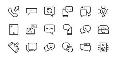 Mesaj çizgisi vektör çizgisi simgelerinin basit bir kümesi. Sohbet, SMS, bildirimler, grup sohbeti ve daha fazlası gibi simgeler içerir. Düzenlenebilir felç. 48x48 piksel mükemmel, beyaz arkaplan.
