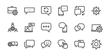 Mesaj çizgisi vektör çizgisi simgelerinin basit bir kümesi. Sohbet, SMS, bildirimler, grup sohbeti ve daha fazlası gibi simgeler içerir. Düzenlenebilir felç. 48x48 piksel mükemmel, beyaz arkaplan.