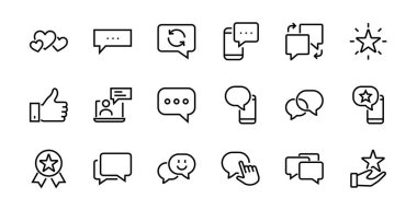 Mesaj çizgisi vektör çizgisi simgelerinin basit bir kümesi. Sohbet, SMS, bildirimler, grup sohbeti ve daha fazlası gibi simgeler içerir. Düzenlenebilir felç. 48x48 piksel mükemmel, beyaz arkaplan.