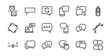 Mesaj çizgisi vektör çizgisi simgelerinin basit bir kümesi. Sohbet, SMS, bildirimler, grup sohbeti ve daha fazlası gibi simgeler içerir. Düzenlenebilir felç. 48x48 piksel mükemmel, beyaz arkaplan.