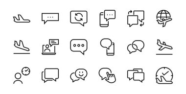 Mesaj çizgisi vektör çizgisi simgelerinin basit bir kümesi. Sohbet, SMS, bildirimler, grup sohbeti ve daha fazlası gibi simgeler içerir. Düzenlenebilir felç. 48x48 piksel mükemmel, beyaz arkaplan.