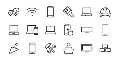 SMART aygıtları ve aygıtlar doğrusal simgeler seti, vektör, simgeler bilgisayar, kamera, dizüstü bilgisayar, telefon, web aygıtları, elektronik cihazlar ve daha fazlasını içerir. Düzenlenebilir vuruş