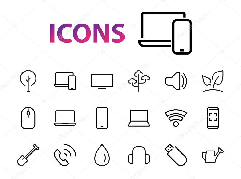 A set of smart devices and gadgets, computer hardware and electronics. Electronic devices icons for web and mobile vector lines. computer, telephone. Editable stroke. 48x48 pixels