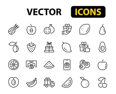 Meyve Simgesi Seti, Vektör satırları, elma, muz, kiraz, limon, karpuz, Avokado Düzenleme vuruşu, 48x48 piksel, beyaz arkaplan, 10