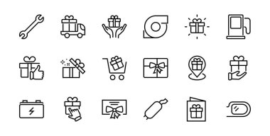 Hediye Kutusu, Hediye Satın Alma, Hediye Teslimatı, Hediyelik eşya taşınabilir uygulaması, hediye bildirimi, SMS içerir. Düzenlenebilir Barkod, Vectar Simgeleri.