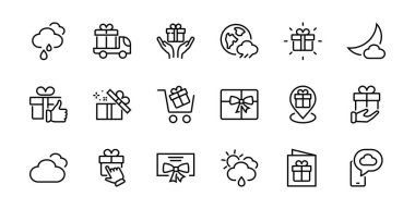 Hediye Kutusu, Hediye Satın Alma, Hediye Teslimatı, Hediyelik eşya taşınabilir uygulaması, hediye bildirimi, SMS içerir. Düzenlenebilir Barkod, Vectar Simgeleri.