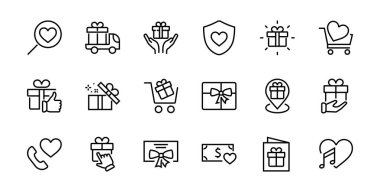 Hediye Kutusu, Hediye Satın Alma, Hediye Teslimatı, Hediyelik eşya taşınabilir uygulaması, hediye bildirimi, SMS içerir. Düzenlenebilir Barkod, Vectar Simgeleri.