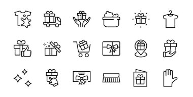 Hediye Kutusu, Hediye Satın Alma, Hediye Teslimatı, Hediyelik eşya taşınabilir uygulaması, hediye bildirimi, SMS içerir. Düzenlenebilir Barkod, Vectar Simgeleri.