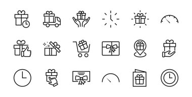 Hediye Kutusu, Hediye Satın Alma, Hediye Teslimatı, Hediyelik eşya taşınabilir uygulaması, hediye bildirimi, SMS içerir. Düzenlenebilir Barkod, Vectar Simgeleri.