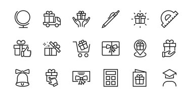 Hediye Kutusu, Hediye Satın Alma, Hediye Teslimatı, Hediyelik eşya taşınabilir uygulaması, hediye bildirimi, SMS içerir. Düzenlenebilir Barkod, Vectar Simgeleri.