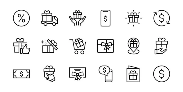 礼品线性套件包括礼品盒 礼品采购 礼品递送 礼品地理位置移动应用程序 礼品通知 可编辑条形码Vectar Icons — 图库矢量图片