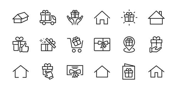 Regali Linear Icons Set Contiene Confezione Regalo Regalo Acquisto Consegna — Vettoriale Stock