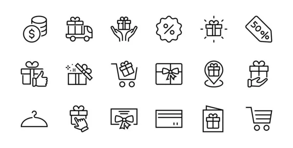 Gifts Linear Icons Set Contém Caixa Presente Compra Presente Entrega — Vetor de Stock