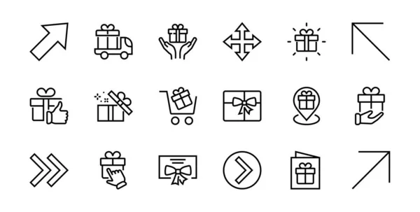 Geschenke Lineare Symbole Set Enthält Geschenk Box Geschenkkauf Geschenk Lieferung — Stockvektor