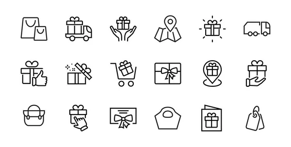 Gifts Linear Icons Set Contém Caixa Presente Compra Presente Entrega —  Vetores de Stock