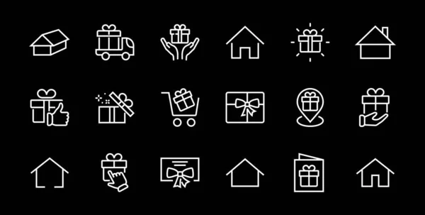 Gift Linear Icon Set Περιέχει Συσκευασία Δώρου Αγορά Και Παράδοση — Διανυσματικό Αρχείο
