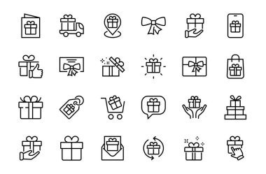 Hediye Kutusu, Hediye Satın Alma, Hediye Teslimatı, Hediyelik eşya taşınabilir uygulaması, hediye bildirimi, SMS içerir. Düzenlenebilir Barkod, Vectar Simgeleri.