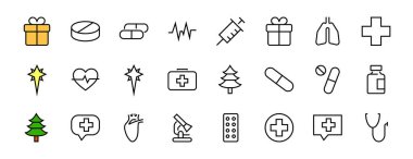 Basit bir ilaç seti ICONS, ilaç ikonları, haplar, ilgili vektör çizgisi ikonları içerir. İnce çizgiler, ağrı, şırınga, akciğerler, mikroskop, kardiyogram, virüs ve daha fazlası. Düzenlenebilir vuruş