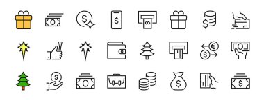 BUSINESS ve FINANCE İnce Satır Simgesi kümesi, Sikkeler, Para Takası, Kart Ödemesi, Terminal ve daha fazlası, Düzenlenebilir Satır, Vektör Resimleri gibi simgeler içerir.