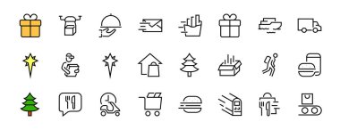 PIZA DELIVERY, ve Food Icon Set Vector ince hattı, kurye, ev teslimatı, yemek siparişi, hızlı ulaşım, İHA, gemi, araba, düzenlenebilir felç içerir. ICONS devreleri.