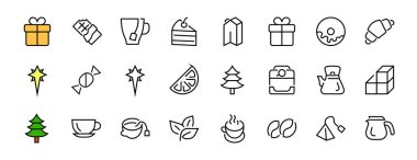 Kahve ve Çay Leni ICONS SET, çay, çay poşeti, kahve makinesi, kek, şeker, çaydanlık, bardak, süt, krema, limon, çikolata, LINEAR ICONS Düzenleyici vuruş ikonları içerir