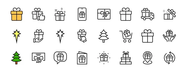 Gifts Linear Icons Set Содержит Подарочный Ящик Подарочные Покупки Подарочная — стоковый вектор