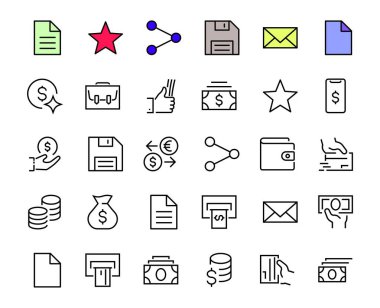 BUSINESS ve FINANCE İnce Satır Simgesi kümesi, Sikkeler, Para Takası, Kart Ödemesi, Terminal ve daha fazlası, Düzenlenebilir Satır, Vektör Resimleri gibi simgeler içerir