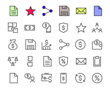 İş vektör çizgisi simgeleri. Kullanıcı sembolleri, dolar piktogramları, vitesler, evrak çantası, bulmacalar, zarf, yüzde, mesajlar, program ve daha fazlasını içeriyor. Düzenlenebilir Çubuk 480x480 piksel.