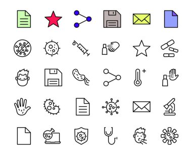 Coronavirüs temasındaki bir dizi ikon, antiseptik, el yıkama, maskeler, bakteriler, hapşırma, sıcaklık, virüs, ince çizgiler, düzenlenebilir felç, vektör vuruşu gibi simgeler içerir.