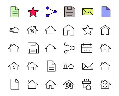 Basit çizgi vektör ev simgeleri kümesi. Evin sembollerini içeriyor, evi ve daha fazlasını. Düzenlenebilir felç. 480x480 piksel mükemmel