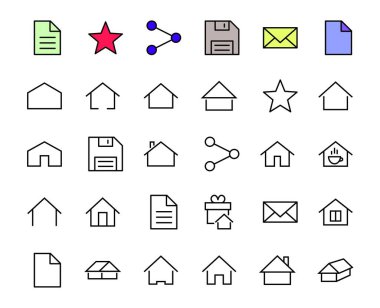 Basit renk düzenlenebilir ev simgesi şablonları. Grafik ve web tasarımı için beyaz arkaplan üzerine izole edilmiş bu tür simgeler, ev takvimi, kahve dükkanı ve diğer vektör işaretleri içerir