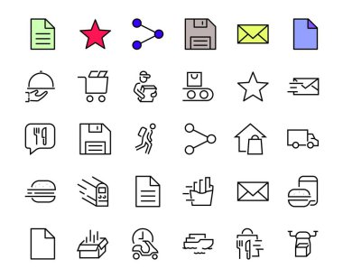 PIZA DELIVERY, ve Food Icon Set Vector ince hattı, kurye, ev teslimatı, yemek siparişi, hızlı ulaşım, İHA, gemi, araba, düzenlenebilir felç içerir. ICONS devreleri