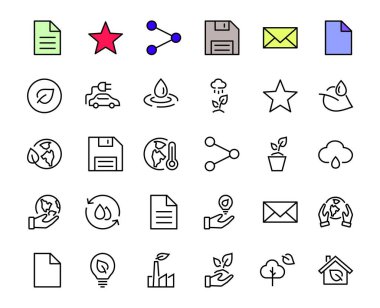 Bir dizi ECOLOGY simgesi, vektör çizgileri elektrikli araba, küresel ısınma, orman, eko, sulama bitkileri, bitkiler gibi ikonlar içerir. Düzenlenebilir felç, ekoloji