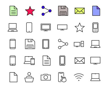 SMART aygıtları ve aygıtlar doğrusal simgeler seti, vektör, simgeler bilgisayar, kamera, dizüstü bilgisayar, telefon, web aygıtları, elektronik cihazlar ve daha fazlasını içerir. Düzenlenebilir vuruş