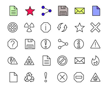 UYARI basit çizgi vektör simgeleri kümesi. Uyarı, ünlem işareti, yeniden kullanma, uyarı işareti ve daha fazlası gibi simgeler içerir. Düzenlenebilir felç. Vektör illüstrasyonu