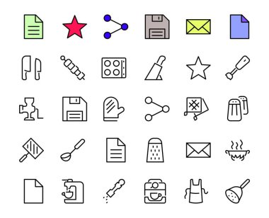 KITCHEN ICON Yemek pişirme süreci, mutfak araçları, simge seti, ince çizgi vektörü blender, fırın, bıçak, rende, barbekü, apron, barbekü, ızgara, kahve makinesi, mutfak eldiveni, düzenlenebilir felç